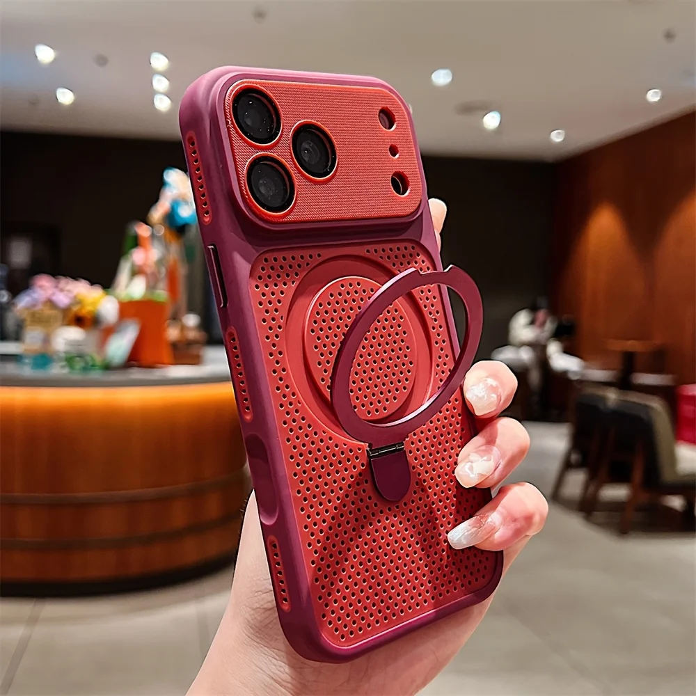 Fashion Heat Dissipation Cooling Mesh Hole Case for IPhone 17 16 15 14 13 12 Pro Max Plus for Magsafe Stand Holder Armor Cover view 3