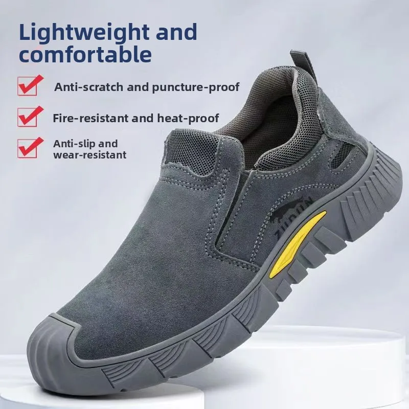Paul New Men's Work Shoes Spring 2025 round Toe Flat Heel Leather Anti-stab Splash Resistant Work Safety Shoes Slip-On Boots