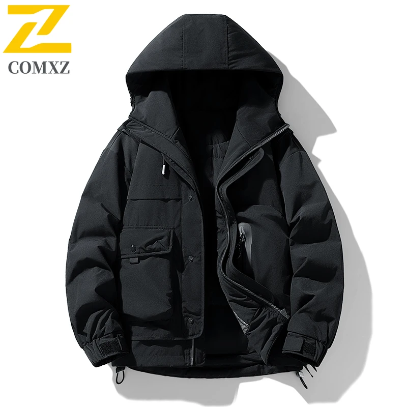 الرجال أسفل سترة 2025 نمط جديد وهمية قطعتين أفخم سميكة مكافحة الباردة الدافئة عمال مقنعين باركر معطف في الهواء الطلق سترة شتوية