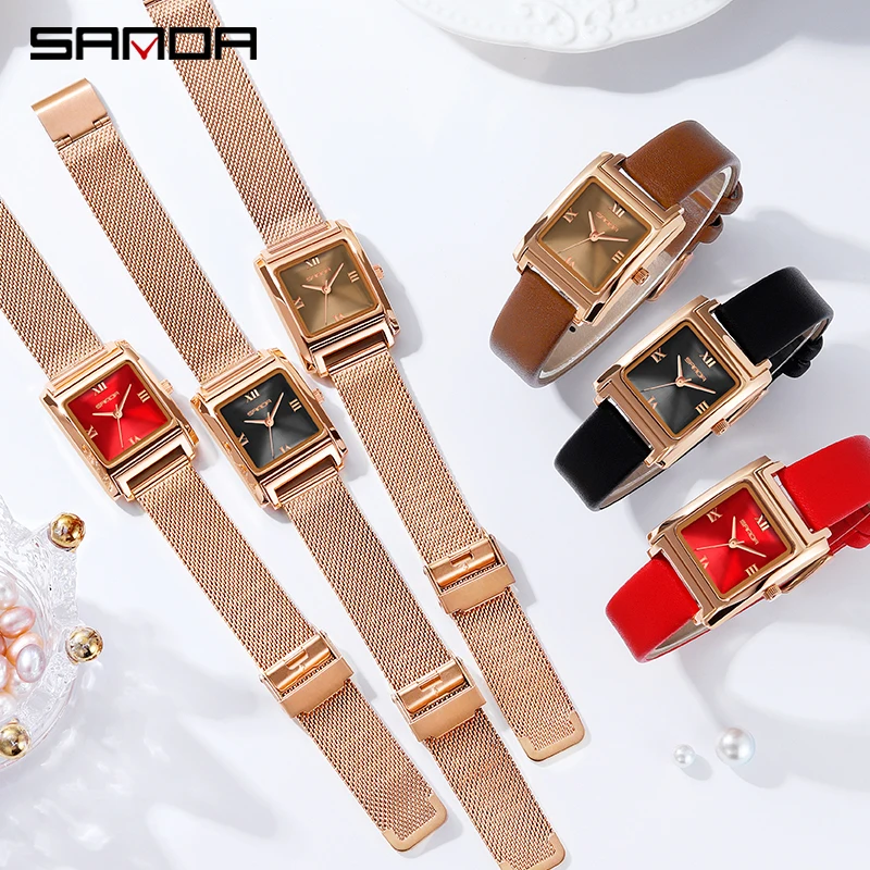 SANDA-ساعات كوارتز مع الاتصال الهاتفي الأحمر للنساء ، حركة اليابان ، ساحة الرومانية ، ساعات المعصم الجلدية للسيدات ، ارتفع الذهب ، موضة جديدة ، 1067