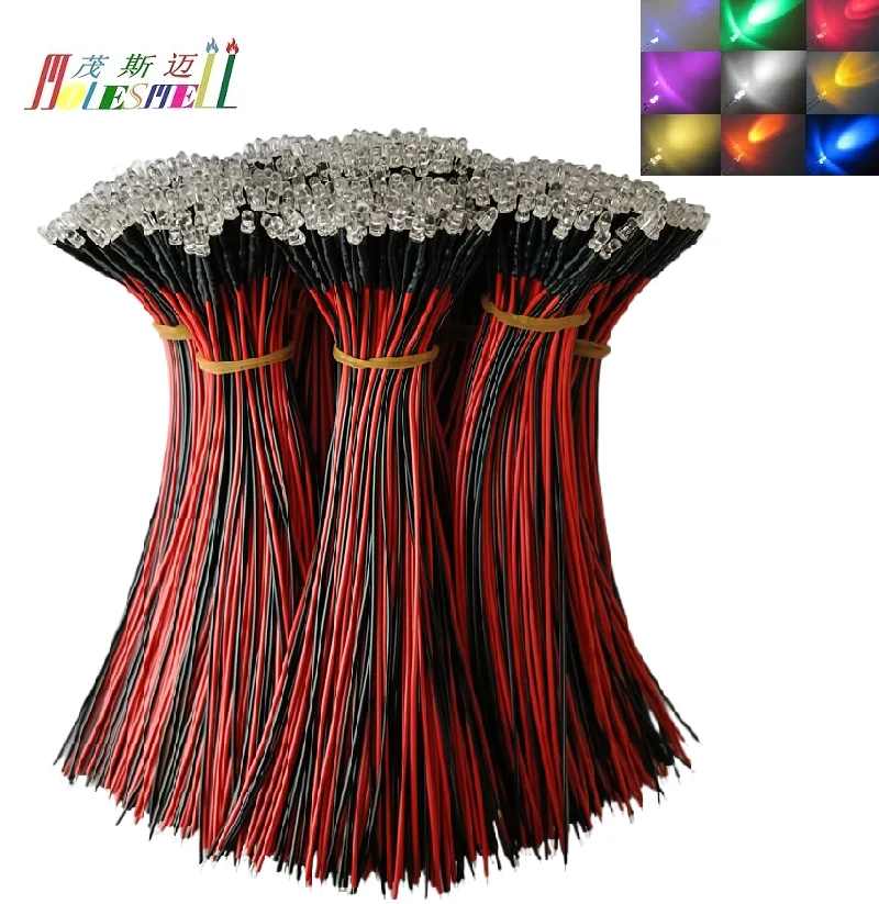 1000pcs 3mm Round Top 3V/5V/9V/12V/24V DC Water Clear Pre-Wired Red Yellow Blue Green White Orange Purple Pink Warm White Leds