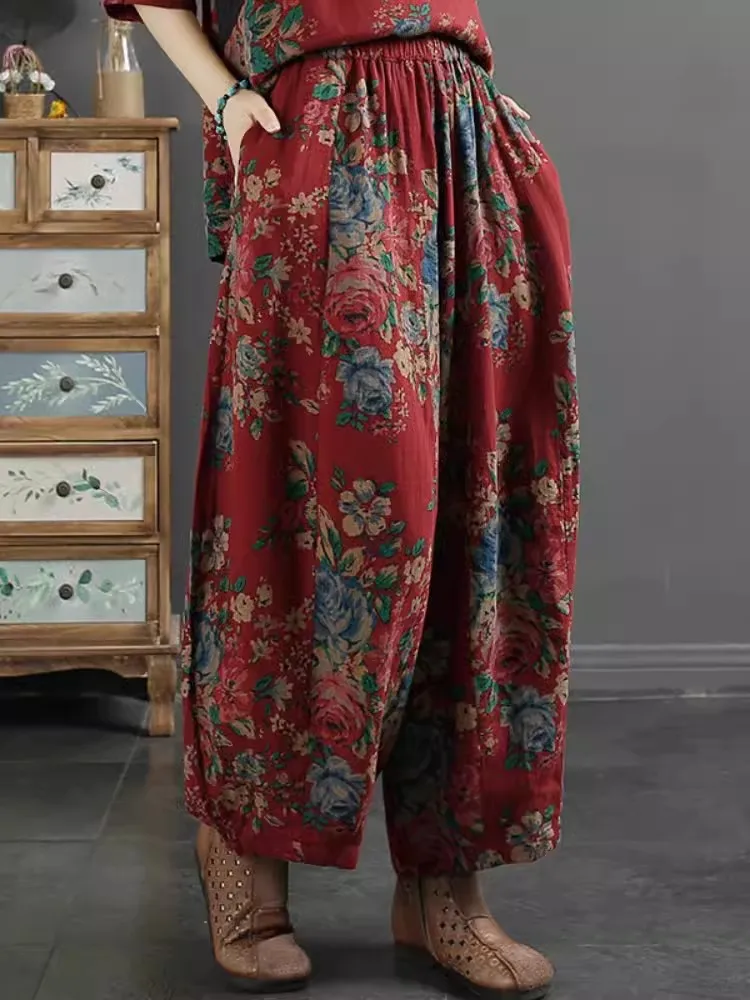 Super Oversized National Style Flower Cloth Lantern Pants 2024 New Autumn Elastic Waist Cotton Wide Leg Pants Loose Harem Pants