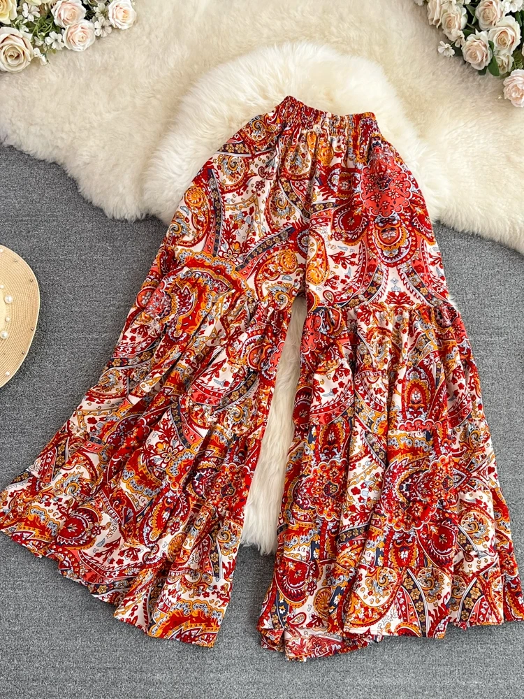 Floral capri calças de perna larga saia verão palazos cintura elástica casual calças largas férias bainha grande queimado calças de praia