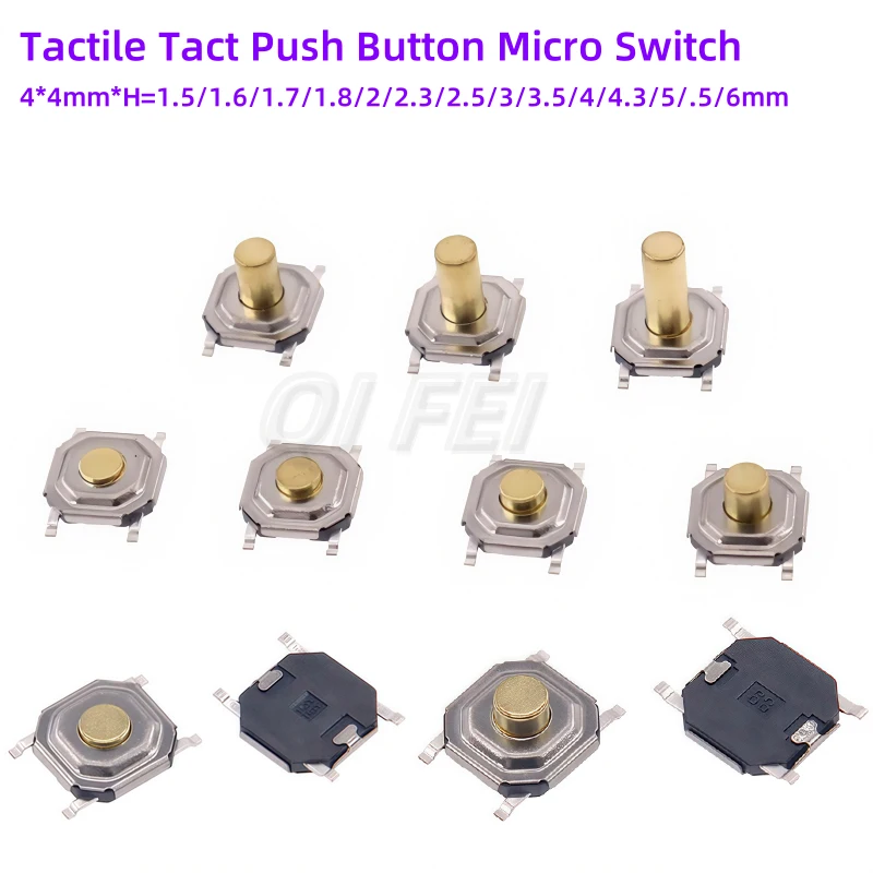 

50pcs 4X4mm Tactile Tact Push Button Micro Switch 4x4x1.5/1.6/1.7/1.8/2/3/3.5/4/4.3/5/6mm 4*4*1.5mm Keys Button Switch 5.2x5.2mm