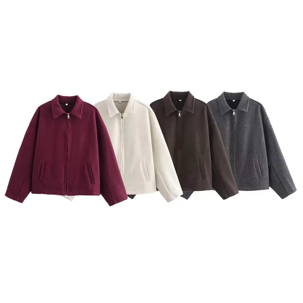 HH Módní hnědá vlněná bunda na zip pro ženy Elegantní klopa s dlouhým rukávem Krátké kabáty Vintage podzimní dámské pouliční svrchní oblečení - náhled 2