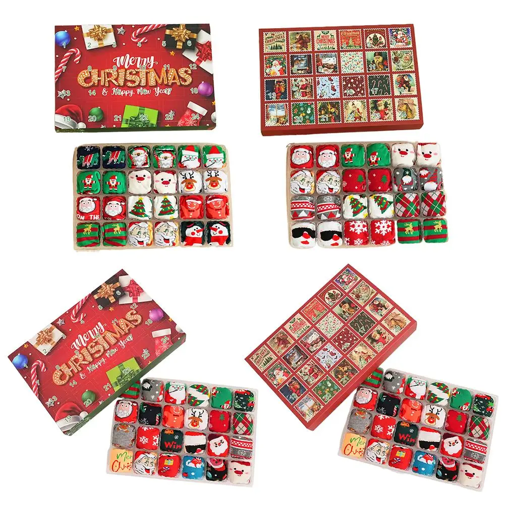 

12 пар рождественских чулок, подарочная коробка, рождественские 24-дневные слепые коробки с обратным отсчетом, рождественские носки, мягкие дышащие чулки