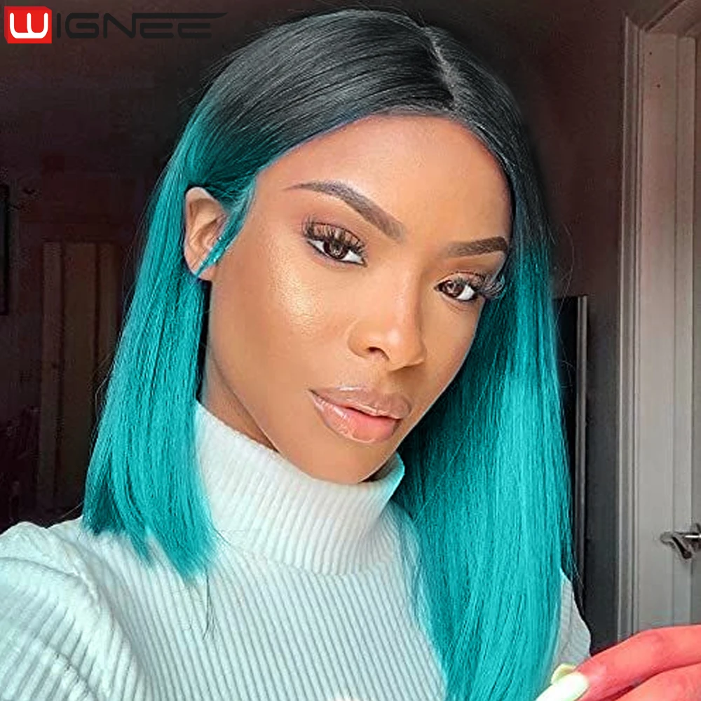 WIGNEE Straight Short Wigs For Black Women Synthetic Hair Blue Wig Bluish Green Middle Part Bob Wig Red/Purple/Black Wig Color