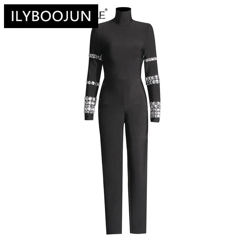 

ILYBOOJUN Patchwork Diamonds Slimming Jumpsuit For Women Turtleneck Long Sleeve High Waist Chic Jumpsuits Female Fashion New