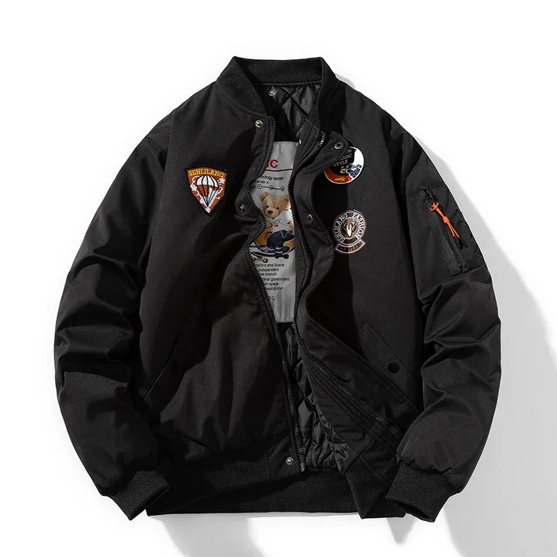 Giacche pilota invernali uomo Bomber militare distintivo ricamo cappotto da basket parka con cappuccio moda maschile autunno nero marrone