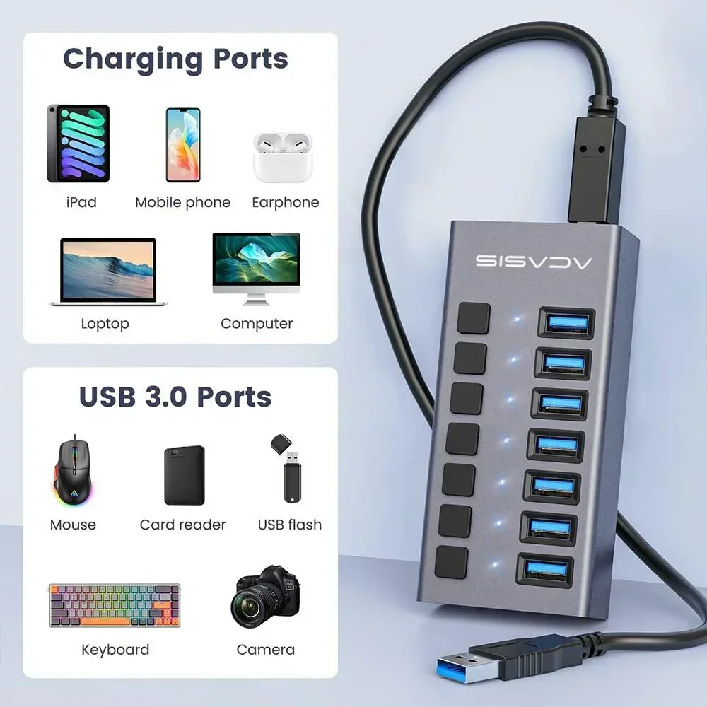 Acasis USB 3.1 10Gbps 7 Ports Splitter USB Extender Individual Switch Docking Station For Data transfer and Charging