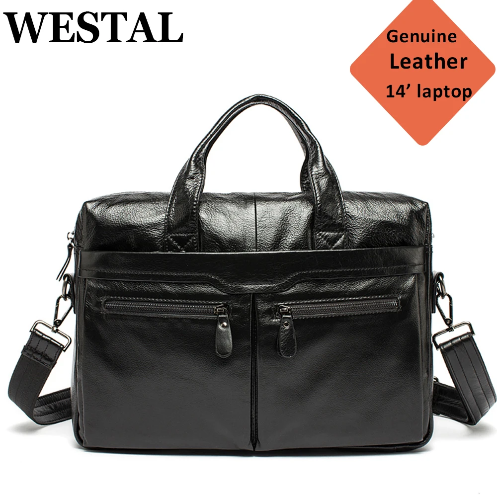 WESTAL-maletín de negocios de cuero genuino para hombre, bolsa para ordenador portátil, para documentos, A4, mensajero, 14, 9005