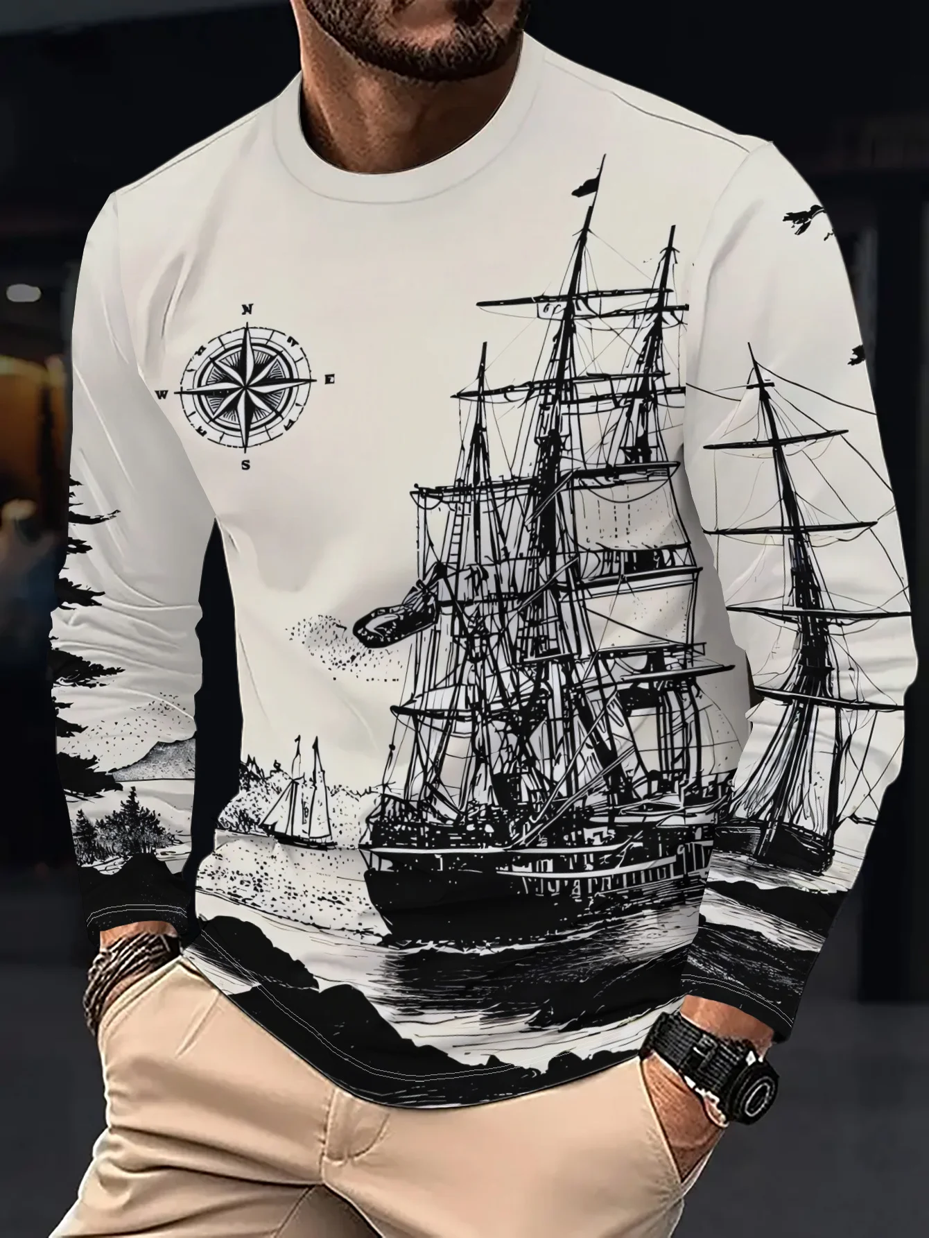 Men Crewneck Sweatshirt, Vintage Sailing Ship Compass Sketch Polyester Pullover