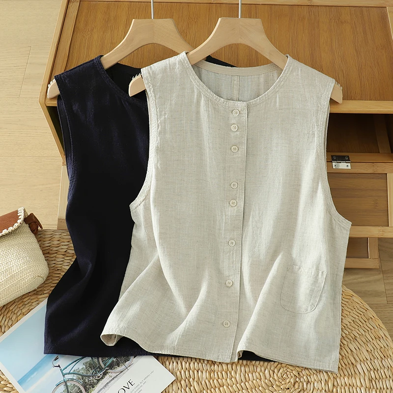 

Vintage O-neck Button-Trim Beige Navy Blue Cotton Linen Vest Jacket Women Summer Elegant Fashion Sleeveless Short Coat Tops Fall