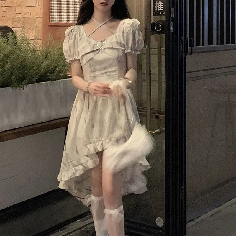 

Вечернее платье с принтом феи, женское летнее платье с завязками на талии, нерегулярные оборки, мини-платья трапециевидной формы с пышными рукавами, Vestidos