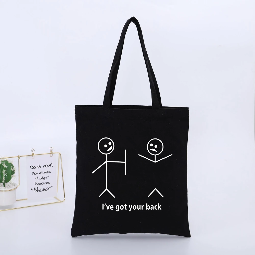 Stick Figure and Typography Print Canvas Tote Bag, Casual Style for Daily Shopping and Outings