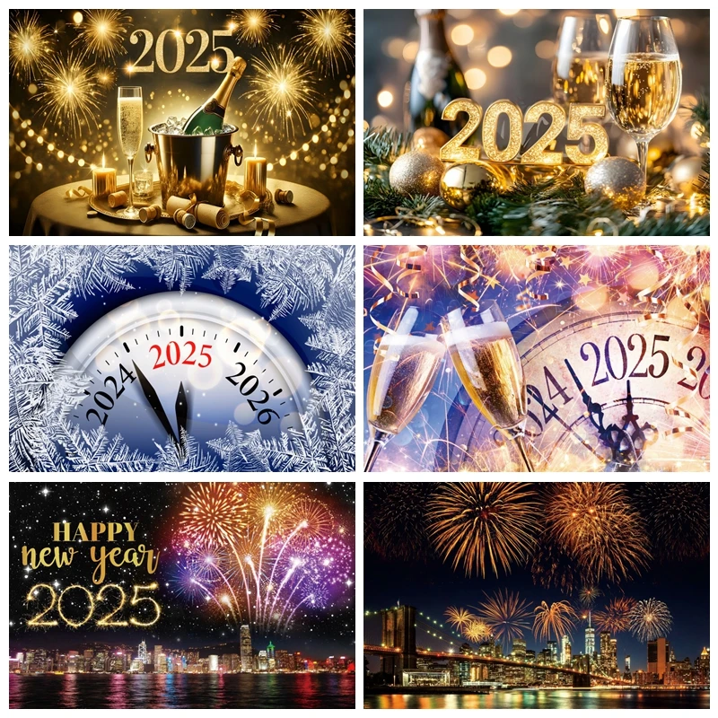 

Happy New Year For 2025 Party Backdrop Fireworks Clocks Champagne Gold Balloons Home Party Banner Decor Photography Background