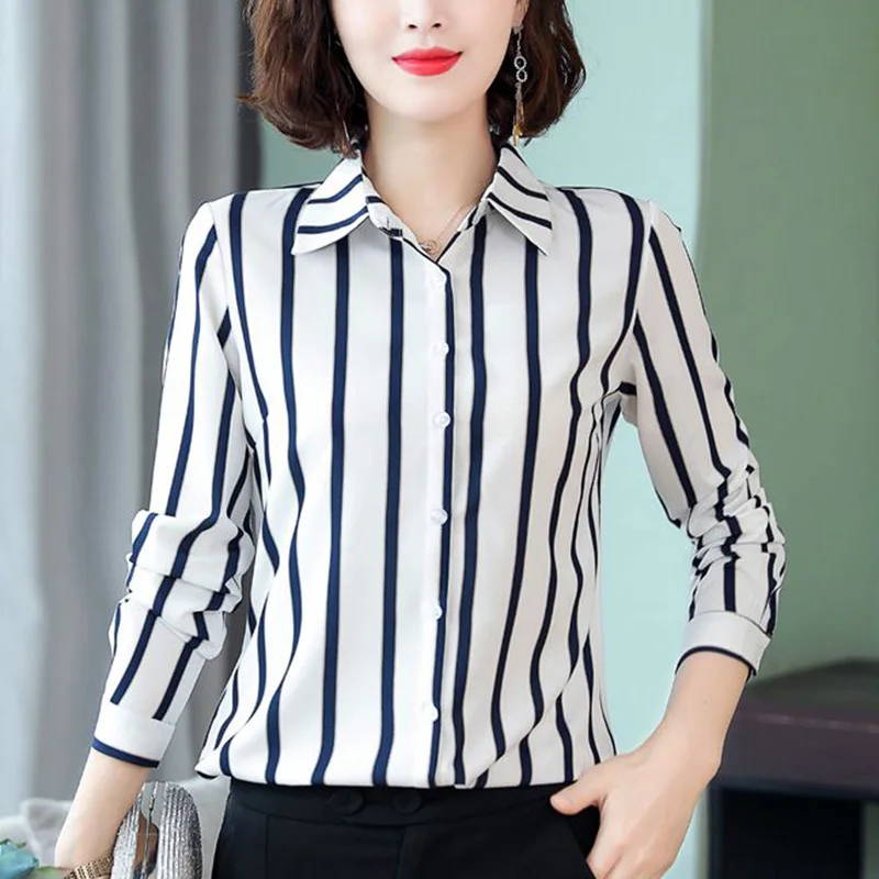 Elegant Lapel Button All-match Striped Shirt Women's Clothing 2023 Autumn New Oversized Casual Tops Loose Office Lady Blouse