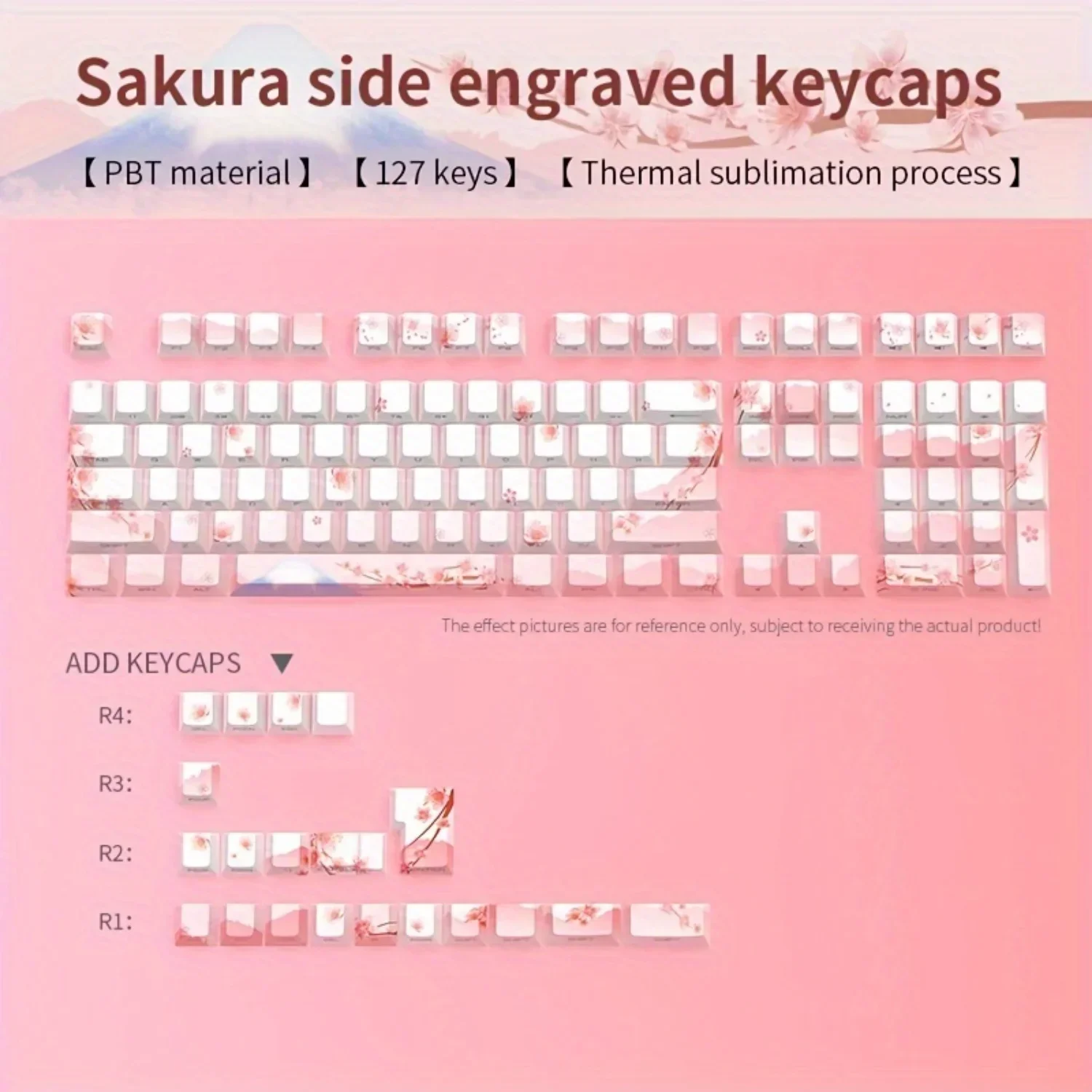 Teclado mecânico rosa flor de cerejeira 128 teclas, cereja, gravura lateral, material PBT iluminado, linda garota