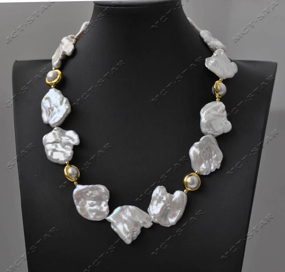 

MTC·STAR Z13348 18" 28mm White Baroque Coin Lamina Keshi Pearl Round Gold Plating Pearl Necklace Custom Jewelry