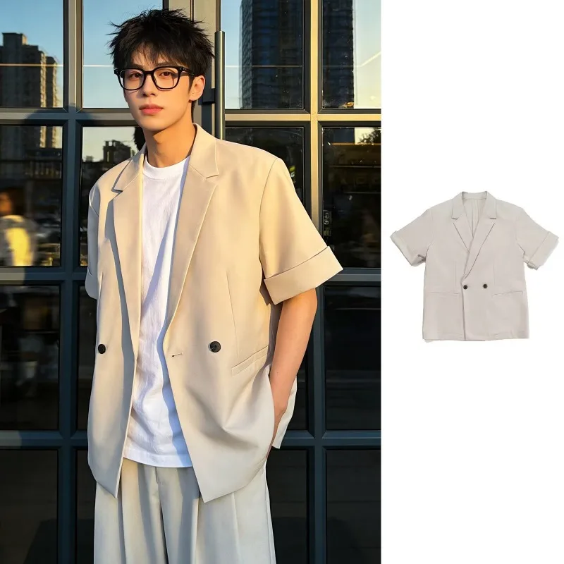 

KIDWHXR Men Summer Blazer Thin Loose Solid Turn Down Collar Male Outerwear Double-breasted Short Sleeve Man Casual Suit Coat