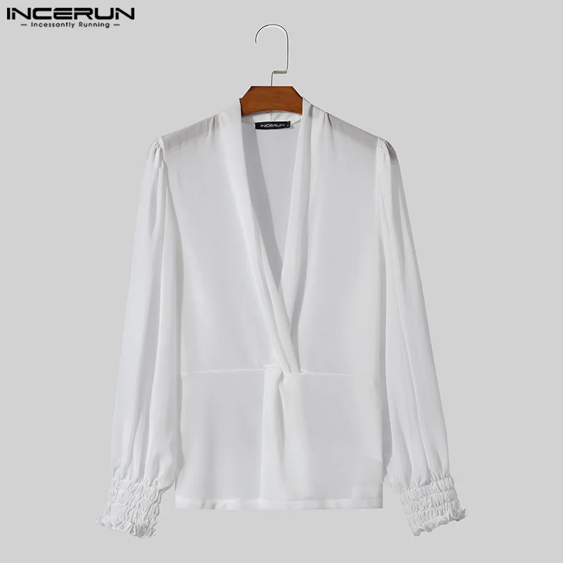 Fashion Casual Style Tops INCERUN New Men Twisted V-neck Shirts Party Clubwear See-through Bubble Long Sleeved Shirts S-5XL 2024