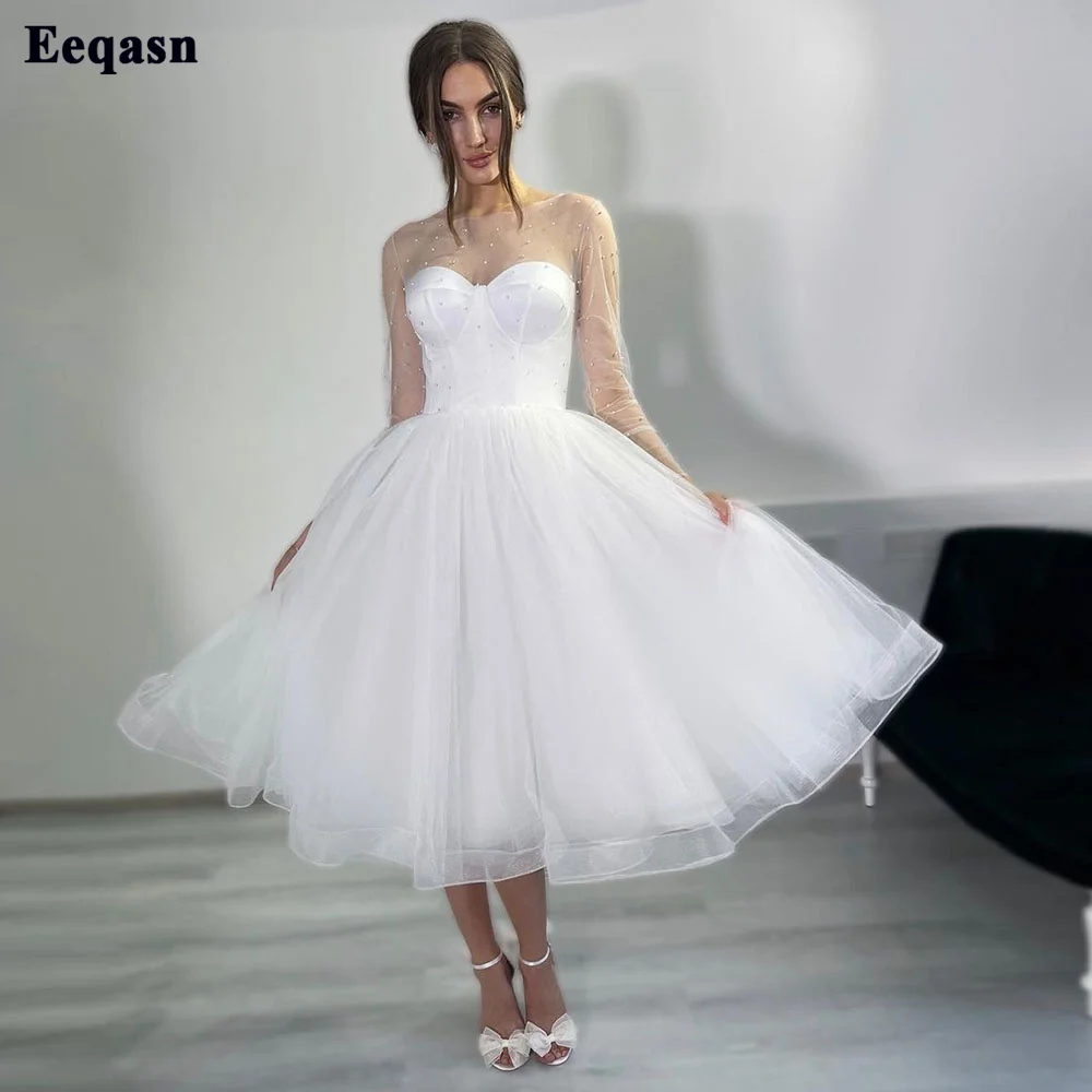 

Eeqasn Long Sleeves with Pearls Short Wedding Party Dresses Bridal Wedding Gowns Tea-Length A Line Women Princess Bridal Dress