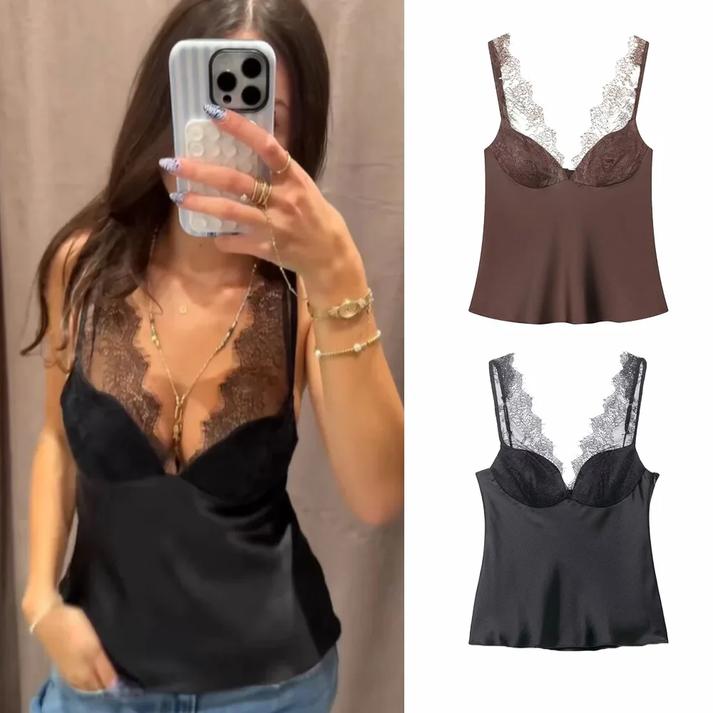 Sexy schwarze Spitze Patchwork Satin Weste Frauen elegante ärmellose durchsichtige V-Ausschnitt lose Westen 2026 Dame Urlaub Party Chic Wear