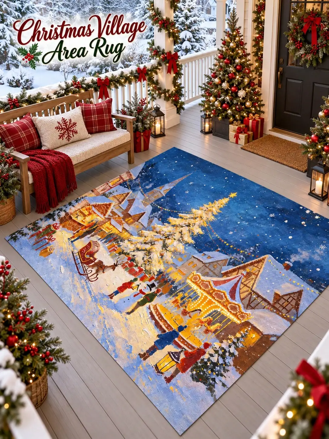 Christmas Rug Village Houses Snowfall Tree Floor Decor Carpet Living Room Bedroom Dining Area Entryway Apartment Cabin Winter Home Accent Beside Sofa Coffee Table Housewarming Birthday Gift for Family Friends Neighbors Homeowners Holiday Celebrations