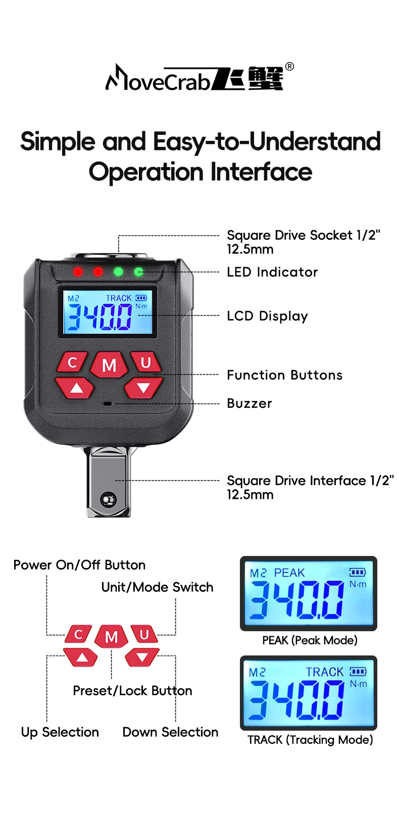 MoveCrab Digitaler Drehmomentadapter-Kit 1/2"+1/4"+3/8" Antrieb 10-400 Nm ±2 % 500 Speicher und 9 Voreinstellungen Fahrrad-/Auto-/Industrie-Drehmomentprüfer – Detail 6