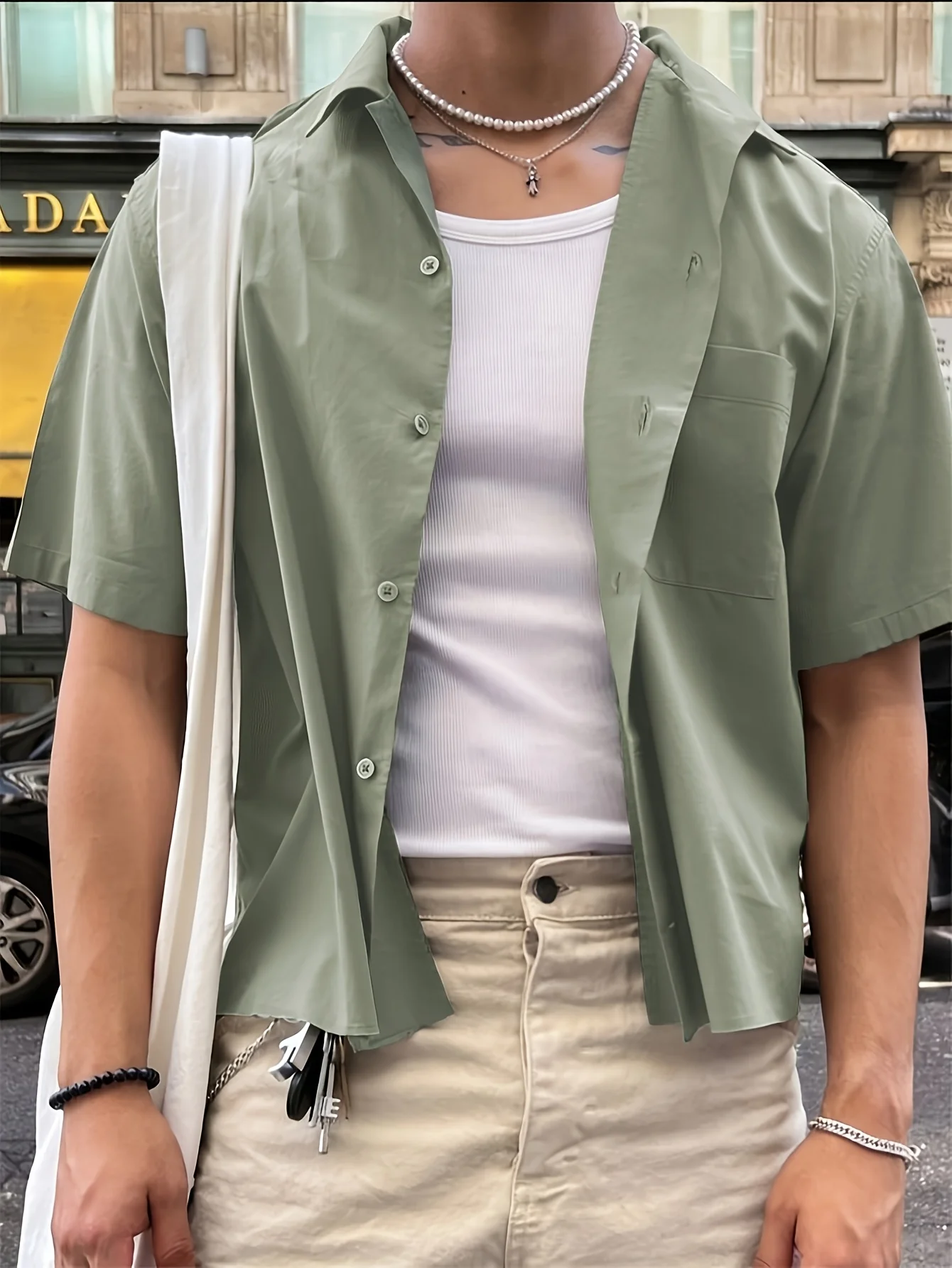 Men's Premium Solid Cropped Camp Collar Shirt, Lightweight Relaxed Fit Short Sleeve Top