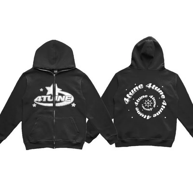 2025 European and American sweatshirt casual trend men's multi size zipper American retro casual Y2K hooded sweatshirt