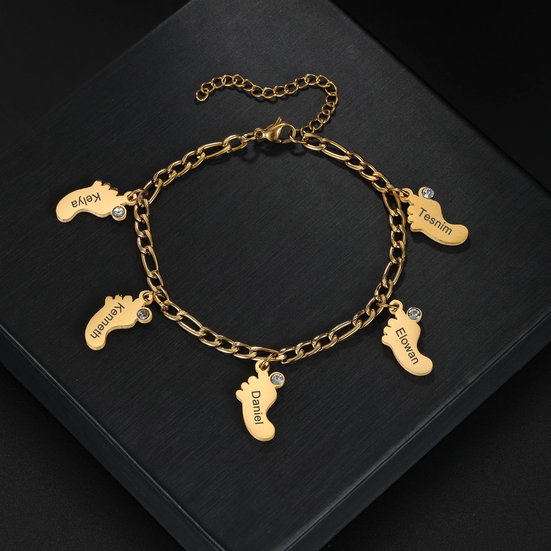 Custom Engrave Baby Feet Names Bracelet with Birthstone Stainless Steel Multiple Kids Name Footprint Bracelet Mom Jewelry Gift