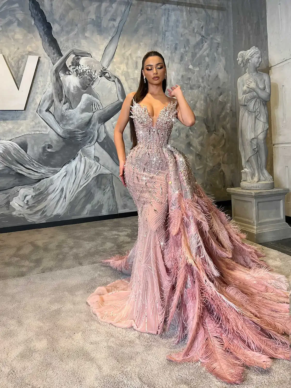 Feathers Evening Dresses Mermaid Luxury Lace Beads Sequin Crystal Detachable Train Luxury Prom Dress Vestido De Noite Customized