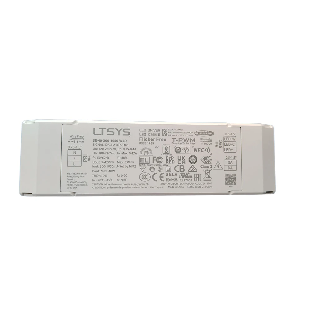 LTECH 40W 300-1050mA NFC CC DALI DT6 DT8 LED CCT Driver;100-240V Dali-2 Constant Current Tunable White Driver Power Transformer