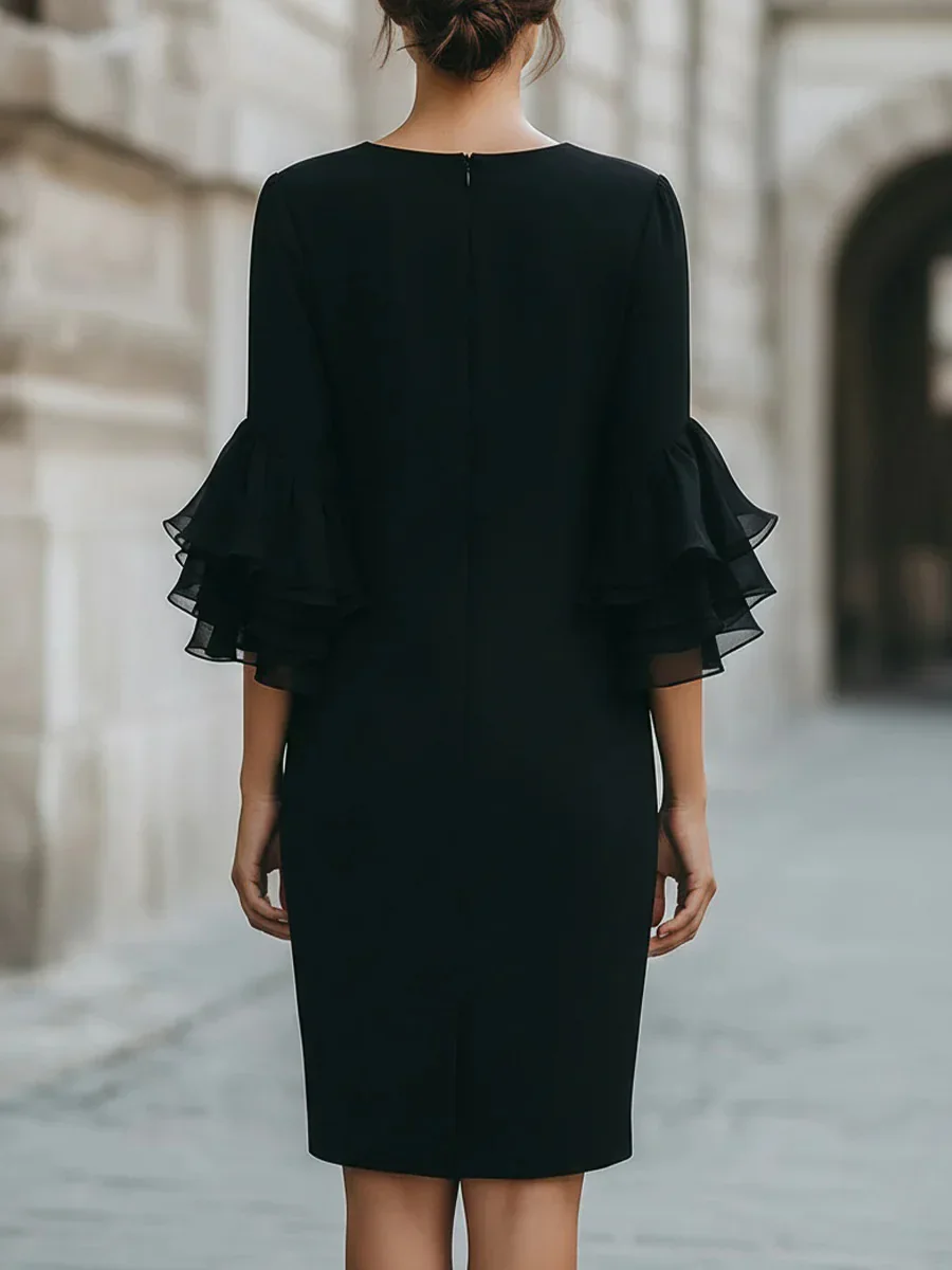 Women Round Neck Shift Midi Dress Double Layer Ruffle 3/4 Sleeve Slim Elegant Cocktail Office Party Dress
