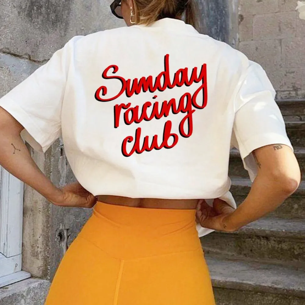 Sunday Racing Club Letters Printing Female White Loose Cotton T Shirts Summer Short Sleeve Crewneck Casual Tops Tees 2025