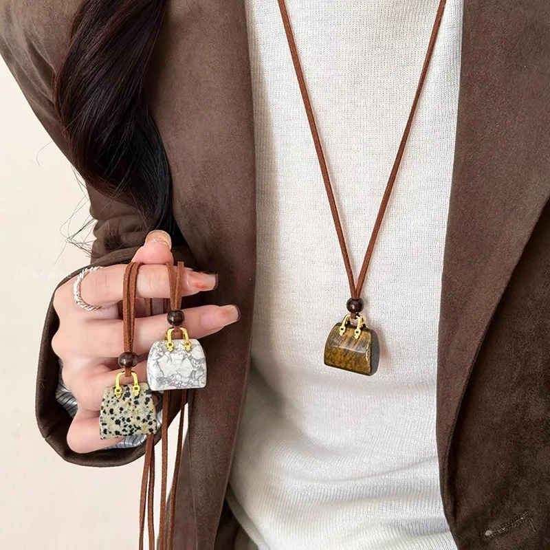 Tiger Eye Stone Pendant Necklace Velvet Cord Long Sweater Chain Unique Premium Chic Women Jewelry Daily Party Gift