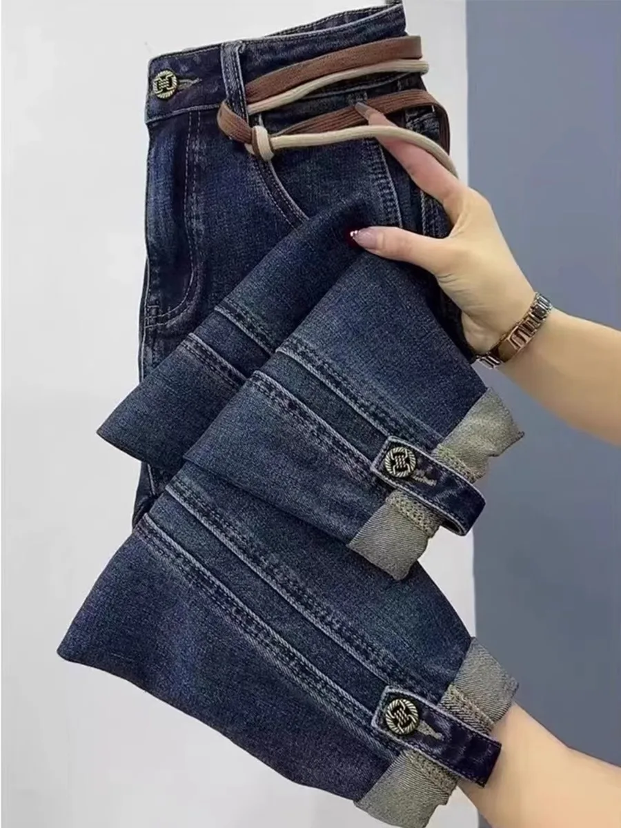 

High Waist Straight Leg Jeans Women's Slimming Large Size Nine Points Harlan Old Dad Pants plus SizeMM Deep Color Denim