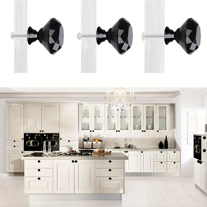 6pcs Diamond Black Crystal Handles Furniture Knobs Hardware Handles Wardrobe Pulls Drawer Handles 30mm Glass Diamond Shape