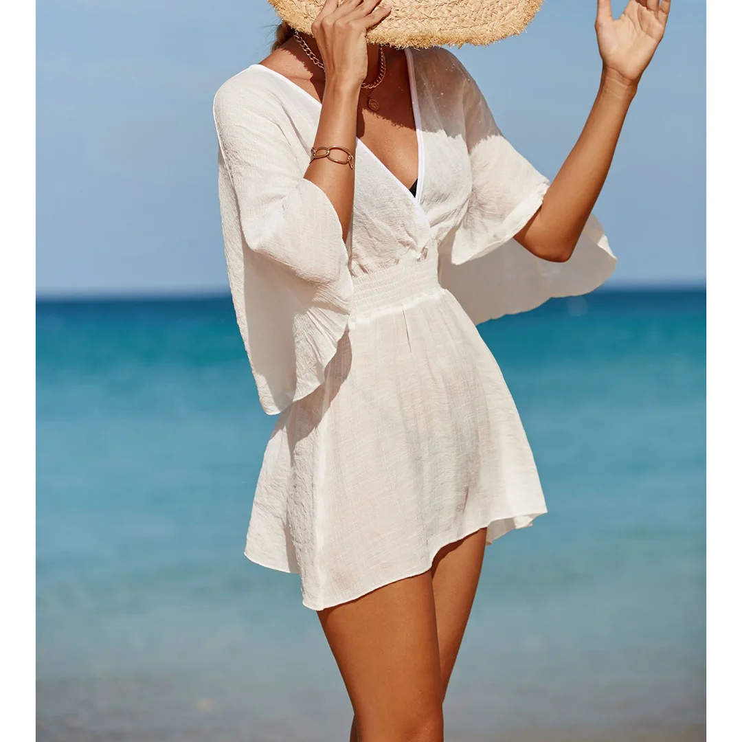 Neues, verführerisches Oberteil mit V-Ausschnitt, langen Ärmeln und offenem Rücken, aus Chiffon, als Strandkleid oder als Überwurf für den Strand, Strandkleidung, V3840. – Detail 26