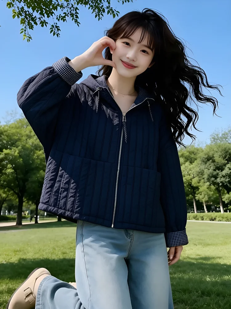 Young Stylish Short Lightweight Cotton Jacket Women's Loose Fit Autumn Winter Casual Wear Polyester Fabric Zipper Closure