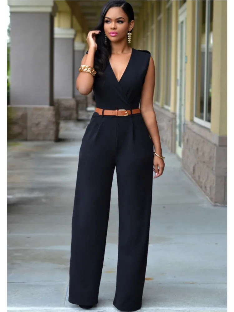 Women\'s Sexy Deep V Neck Sleeveless Solid Color Jumpsuit Fashion Slim Wrap Hip Elegant Female Party Office Jumpsuit (with Belt)