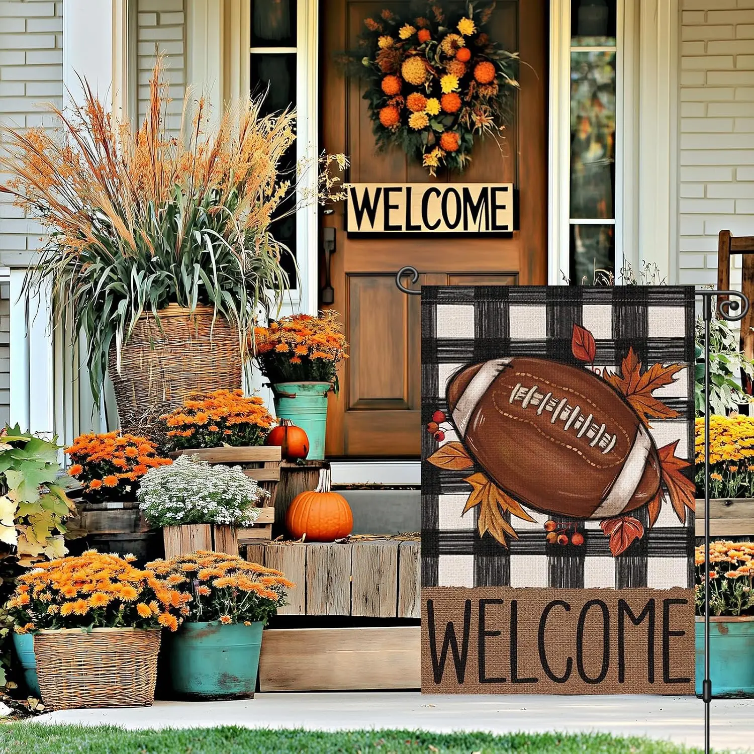 Louise Maelys Welcome Fall Football Garden Flag 12x18 Inch Double Sided Buffalo Plaid Small Burlap Autumn Yard Sign Outside  uui