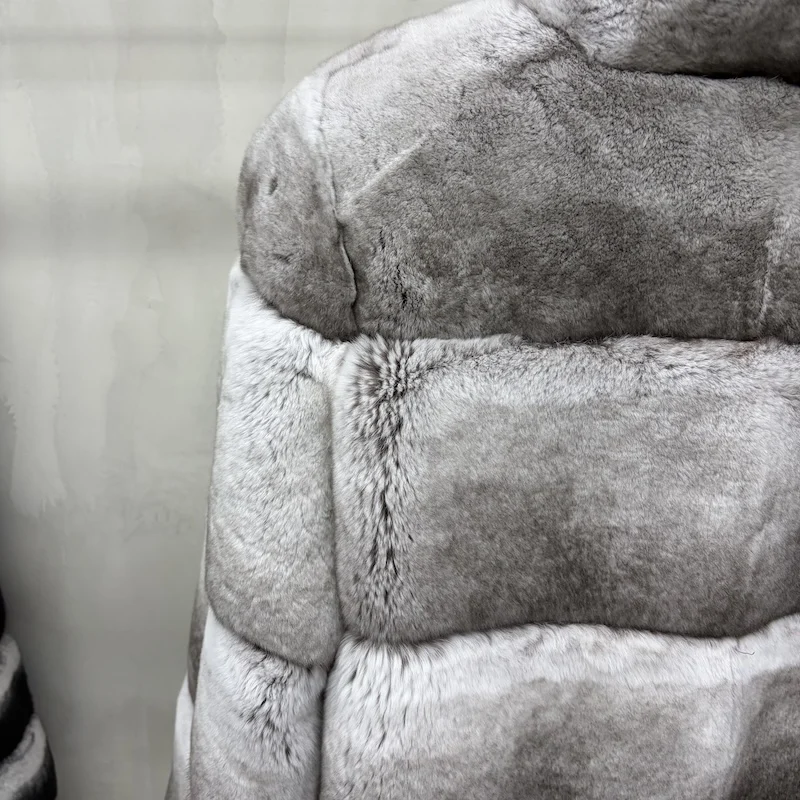 Women Real Rex Rabbit Fur Coat Stand Collar Short Jacket Chinchilla‑Look Pattern Horizontal Stripe Winter Warm Female Coat