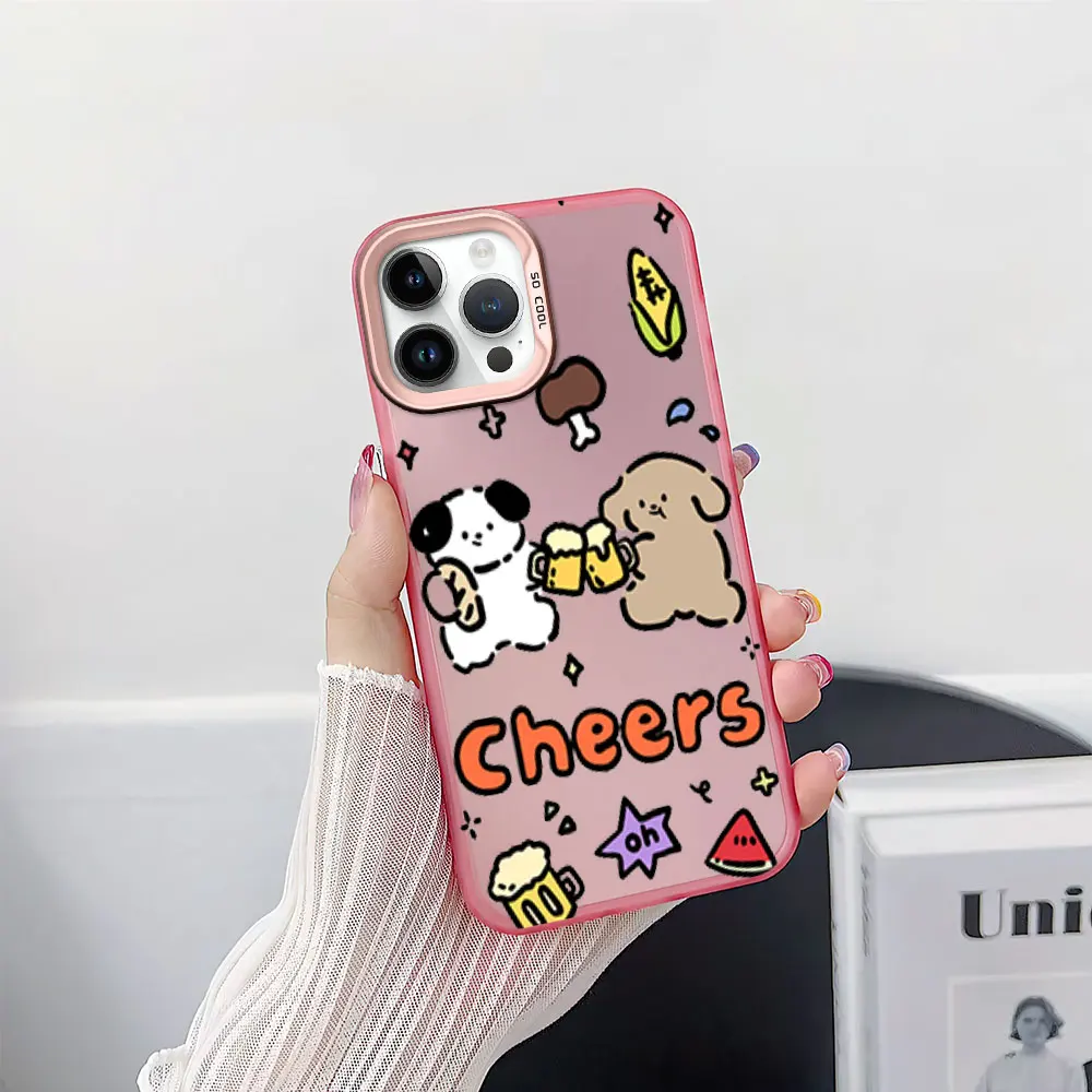 Fashion Cute Dog Drinks Beer Cheers Phone Case for iPhone 12 11 13 14 15 16 Pro Plus IMD Plating Cover