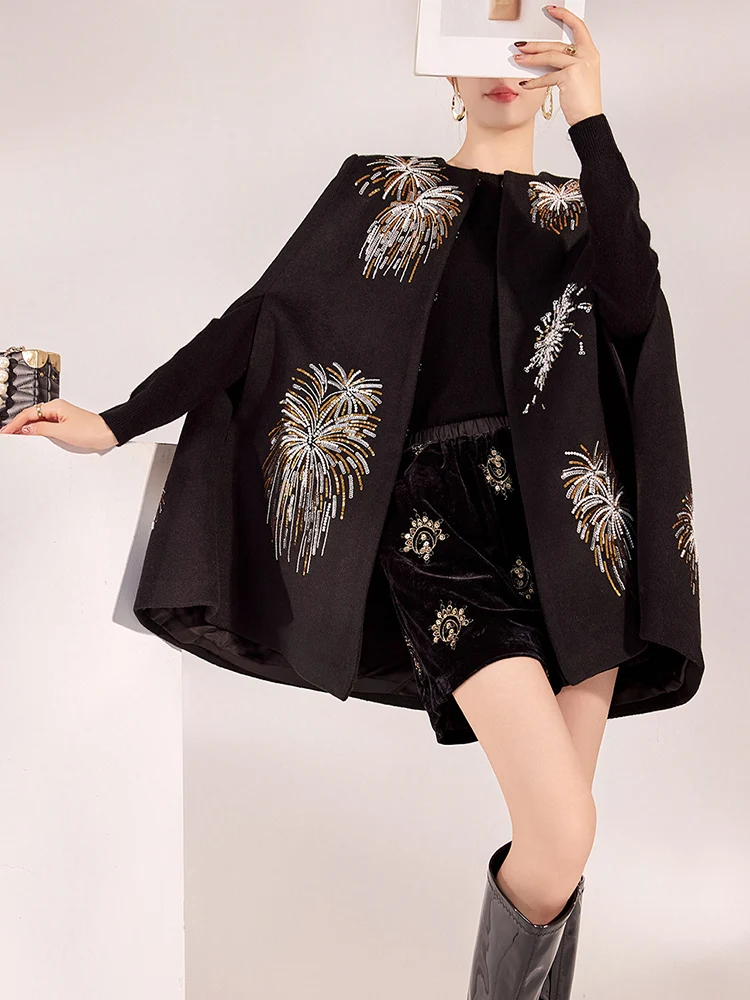 Autumn and Winter 2024 New High End O-Neck Fireworks Beading+ Embroidery Design Elegant Fashionable Loose Coat Cloak S-L