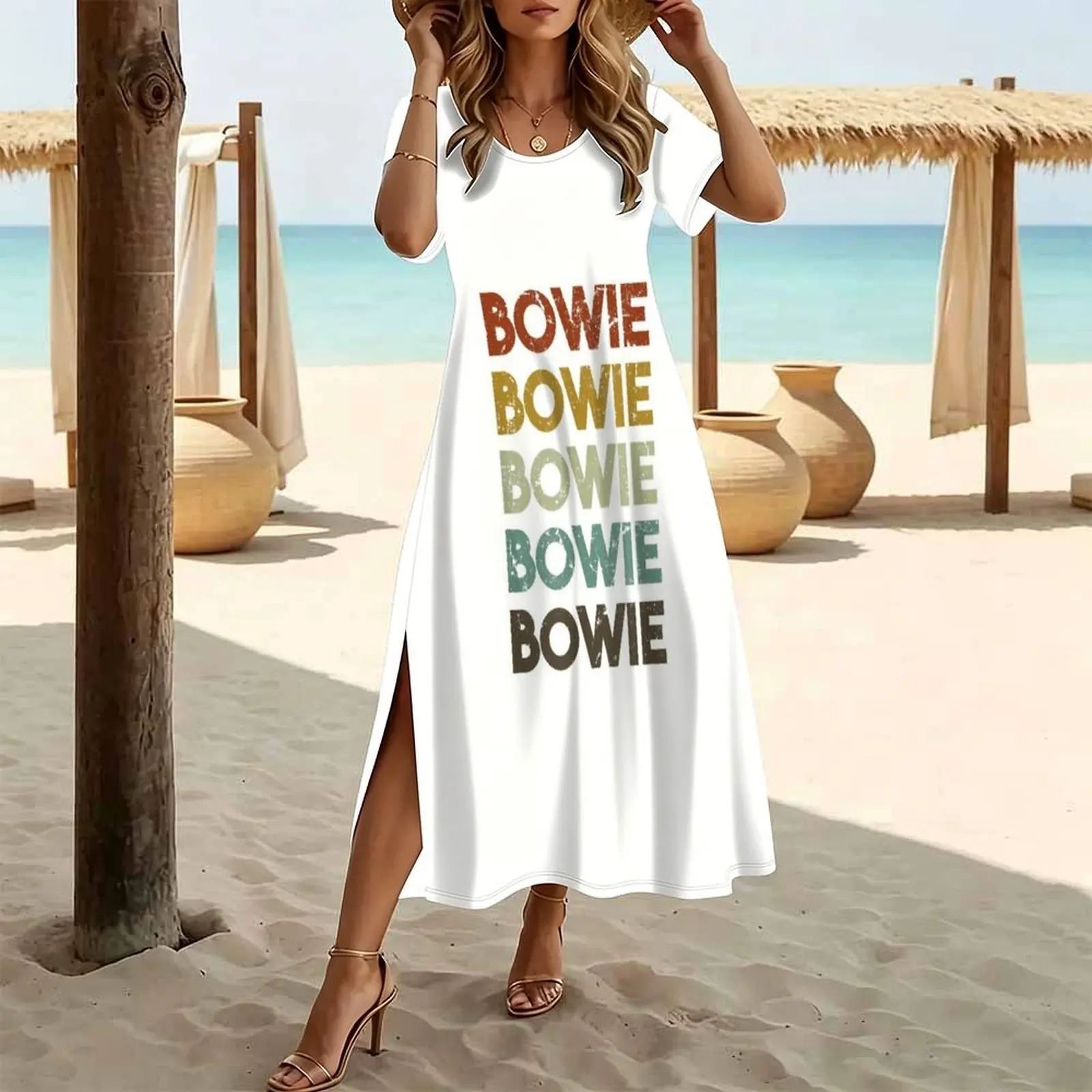 Day Gift For Dark Red Bowie Maryland Beautiful Model Retro Vintage Women's Round Neck Short Sleeve Split Long Dress