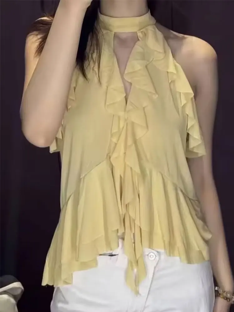

Woman Tierred Ruffles Halter Top Sleeveless Bow Lace-up Yellow Camisole Lady 2025 Summer Sweet Beach Style Women's Sling