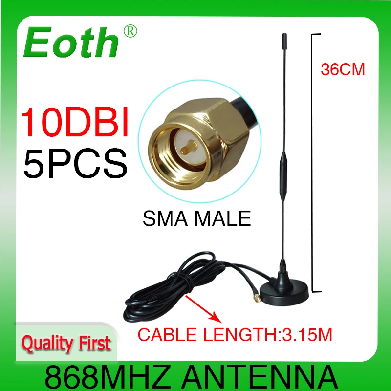 EOTH 5pcs 868MHz lora Antenna lorawan 915 IOT 10dbi SMA male connector 868 915 mhzsucker aerial 3M Extension cable antenne