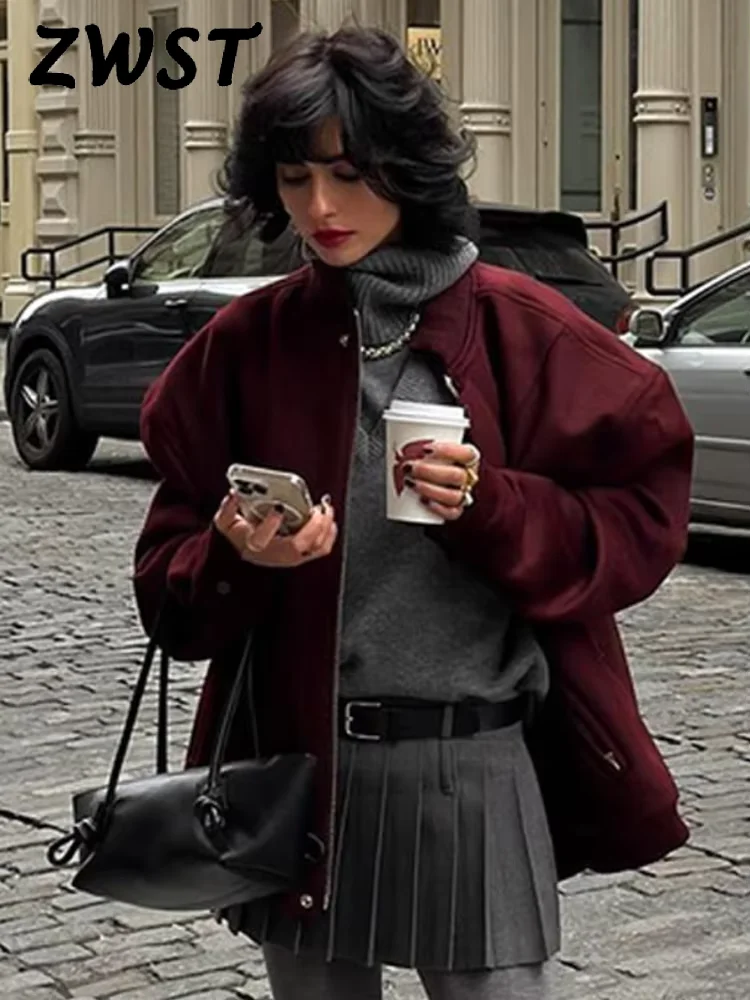 

Wine Red Women's Jacket Loose Stand Collar Long Sleeve Zipper Pocket Coats Female 2024 Autumn Lady Urban High Street Outwears